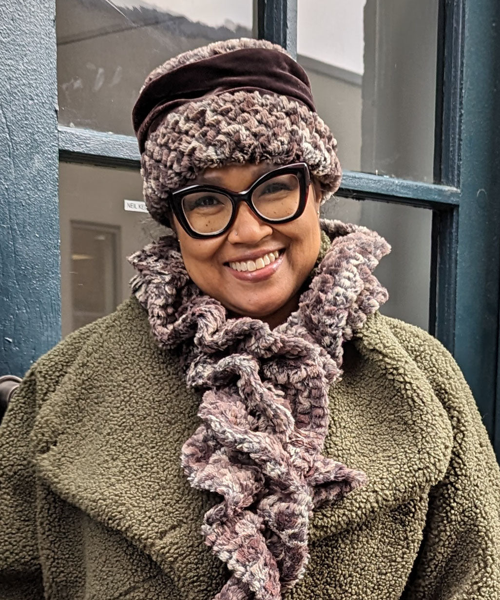 Ana Cloche Hat  and matching Scrunchy Scarf in Calico Brown Luxury Faux Fur with Chocolate Velvet Band | Handmade in Seattle WA| Pandemonium Millinery