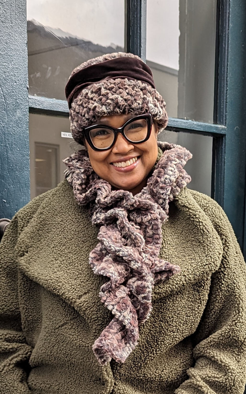 Model wearing a Ana Cloche Hat and Scrunchy Scarf in Calico Faux Fur by Pandemonium Millinery | Seattle, WA  USA