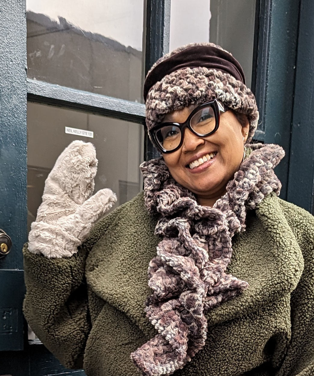 Ana Cloche Hat  and matching Scrunchy Scarf in Calico Brown Luxury Faux Fur with Chocolate Velvet Band | Handmade in Seattle WA| Pandemonium Millinery