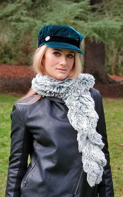 woman wearing Scrunchy Scarf | Blue Steel Fox Faux Fur | handmade in Seattle, WA by Pandemonium Millinery USA