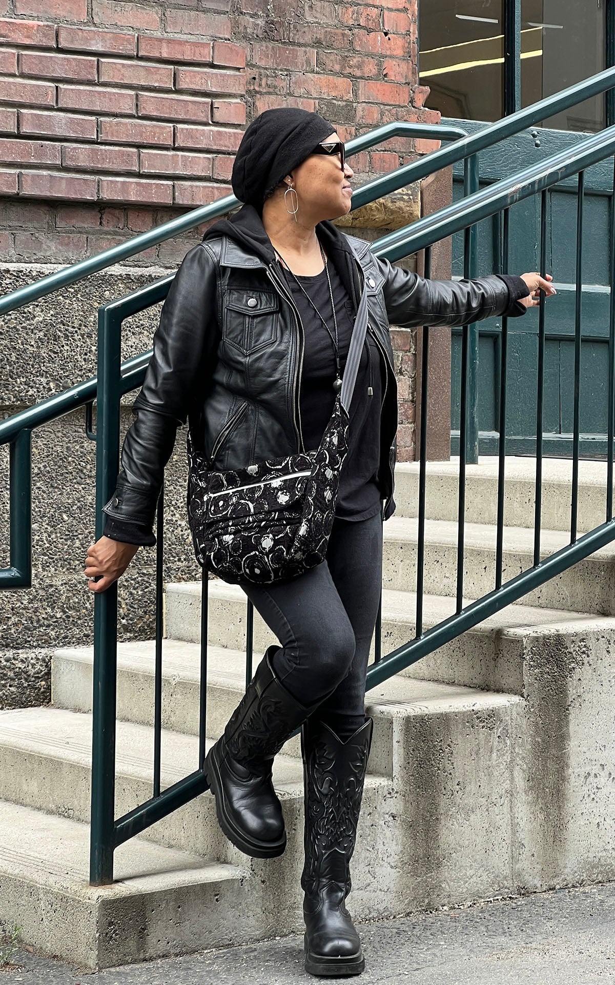 Woman with Standard Size Seoul Bag | Crop Circles Chenille in Black and Silver | Handmade in Seattle WA by Pandemonium Millinery USA