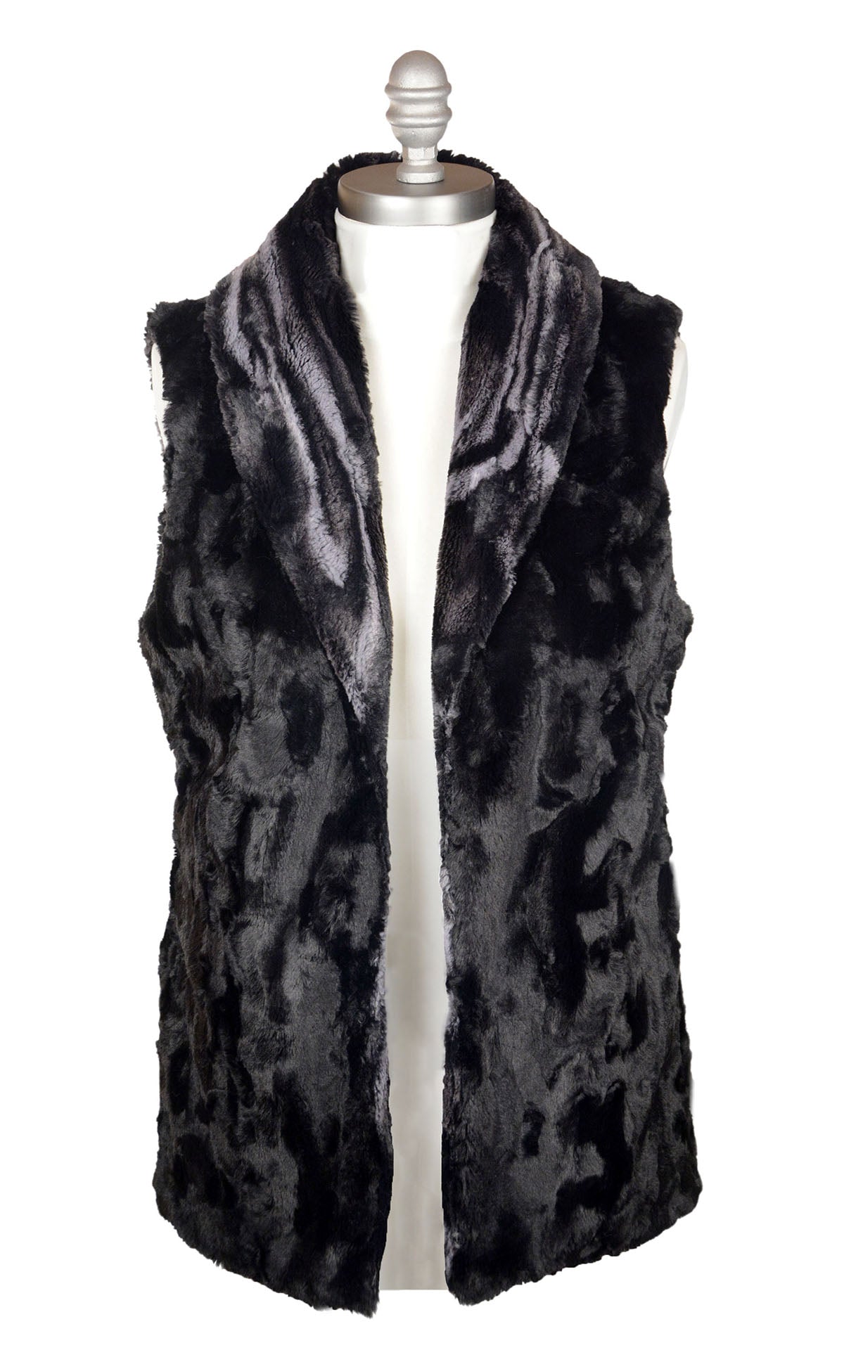 Shawl Collar Vest Long  |  Black Marble Dune Faux Fur with  Cuddly Black Lining | Handmade in Seattle WA | USA 