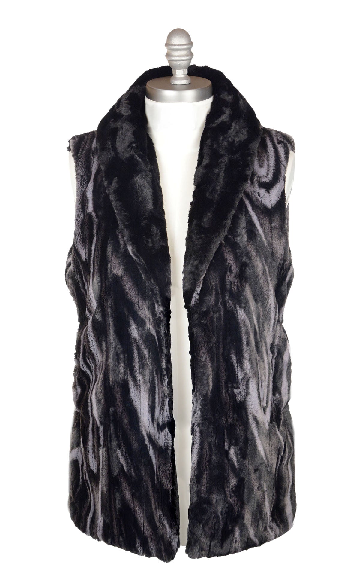  Shawl Collar Vest Long  |  Black Marble Dune Faux Fur with  Cuddly Black Lining | Handmade in Seattle WA | USA 