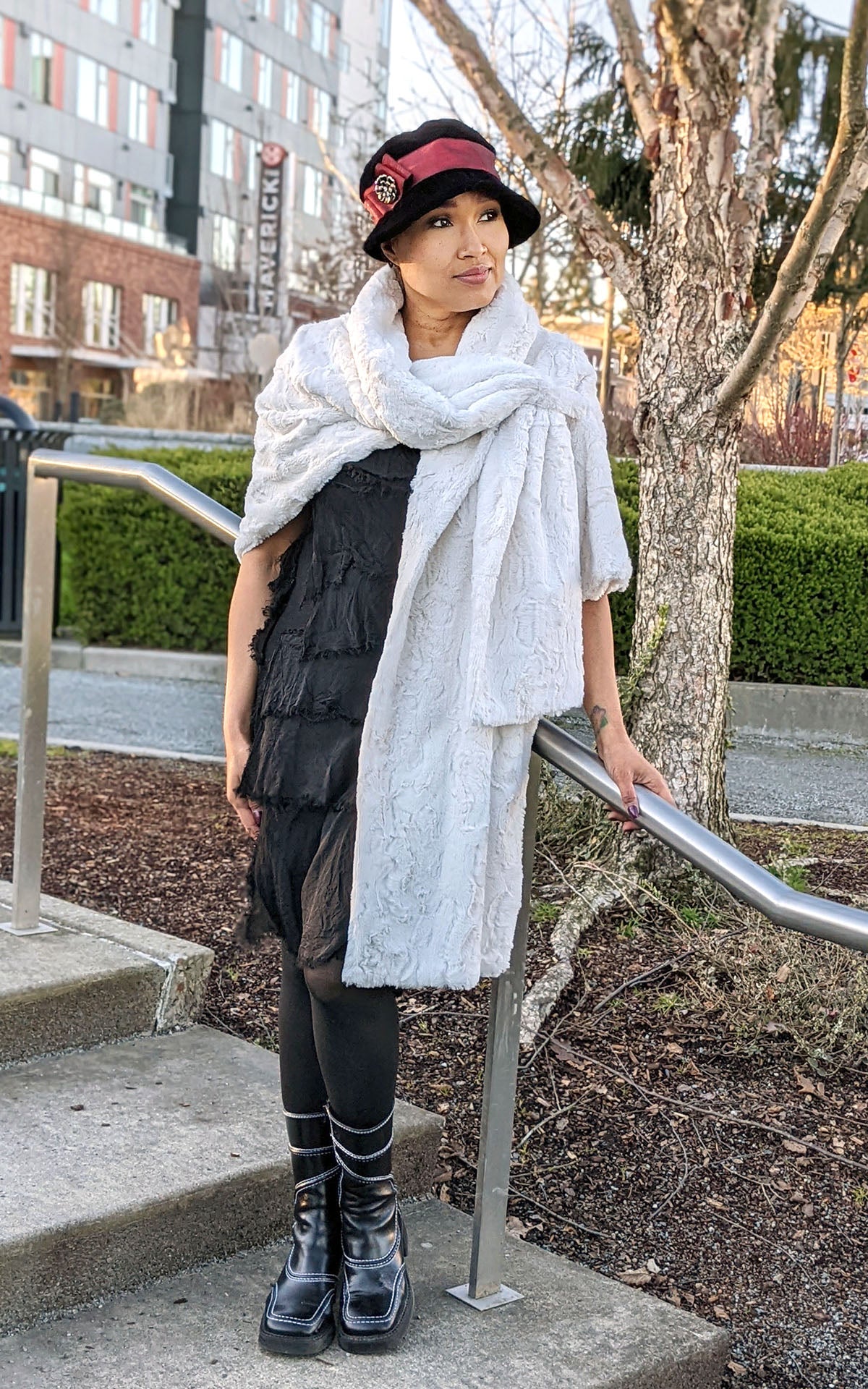 Woman modeling Shrug Wrap with Cuddly Faux Fur in  Sand | Handmade by Pandemonium Seattle