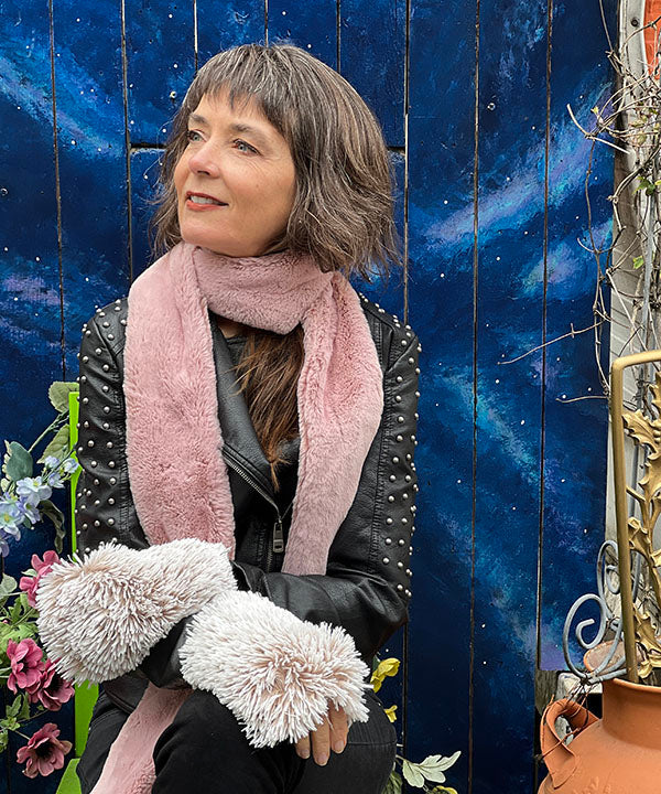 Woman wearing Foxy Beach Faux Fur Fingerless Glove. Made in Seattle, WA, USA. Pandemonium Seattle.