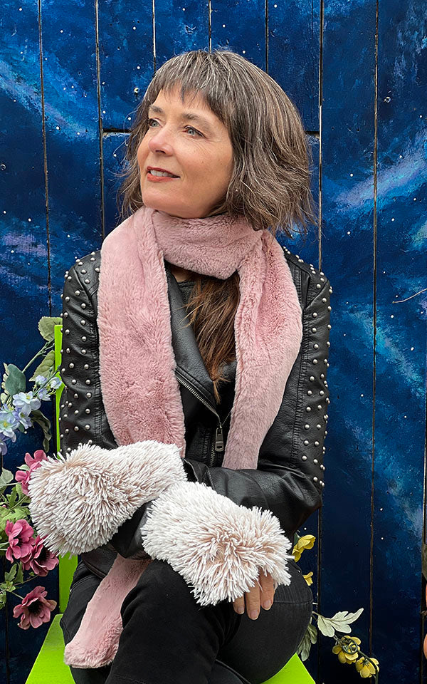 Model wearing Classic Skinny Scarf with Fingerless Gloves | Frosted Cedar Faux Fur | Handmade USA by Pandemonium Seattle