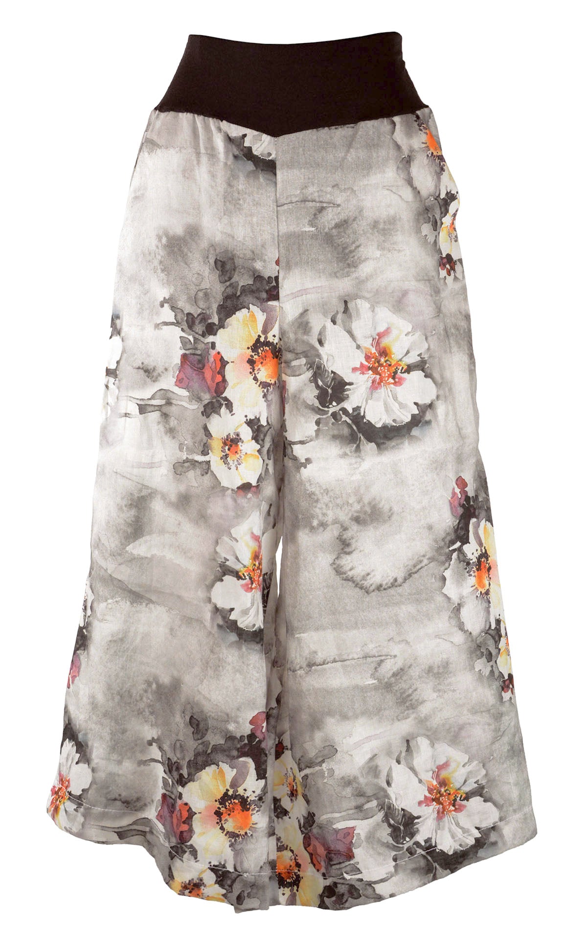 Gaucho Pants in Linen Multi-Floral. Handmade by the Leigh Young Collection. Seattle Washington.
