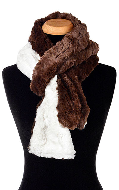Product shot of Classic Men’s Scarf on Mannequin | Cuddly Faux Fur in Chocolate with Ivory Faux Fur  | Handmade in Seattle WA Pandemonium Millinery