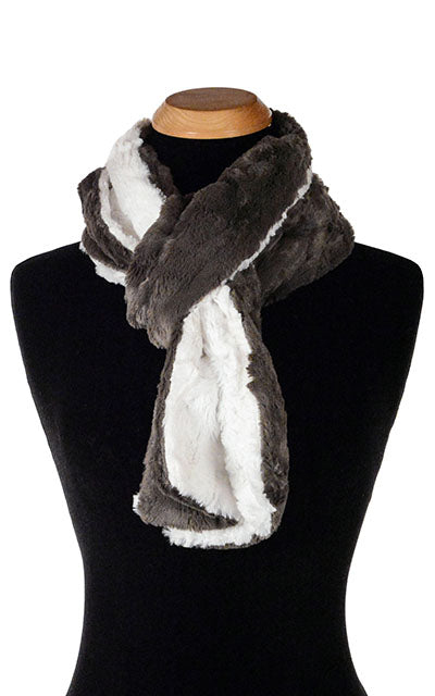 Product shot of Classic Men’s Scarf on Mannequin | Cuddly Faux Fur in Charcoal Gray with Ivory Faux Fur  | Handmade in Seattle WA Pandemonium Millinery