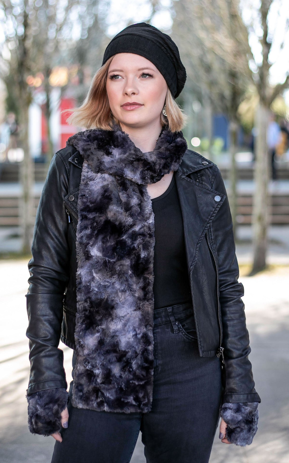 Women outside wearing a Rowdie style slouchy knit hat, fingerless gloves and Classic Scarf | Highland in Skye faux fur tie dye navy grays and blues| Handmade by Pandemonium Millinery Seattle, WA USA