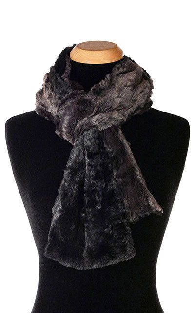 Women’s Product shot on mannequin of Classic Two-tone Scarf | Espresso in blacks and browns Faux Fur | Handmade by Pandemonium Millinery Seattle, WA USA