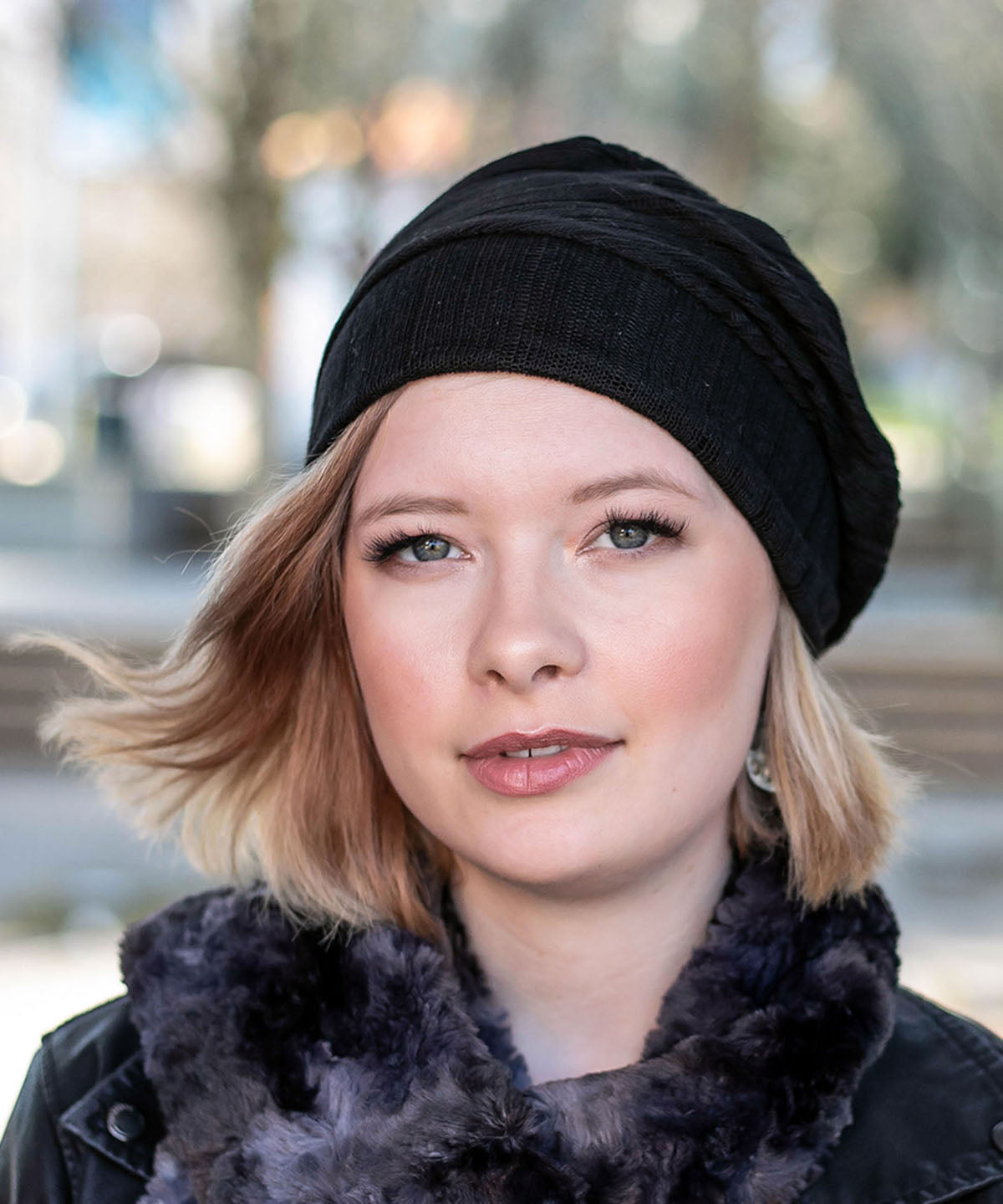 Model wearing Rowdie slouchy Hat in Jet  | Handmade  by Pandemonium  Seattle