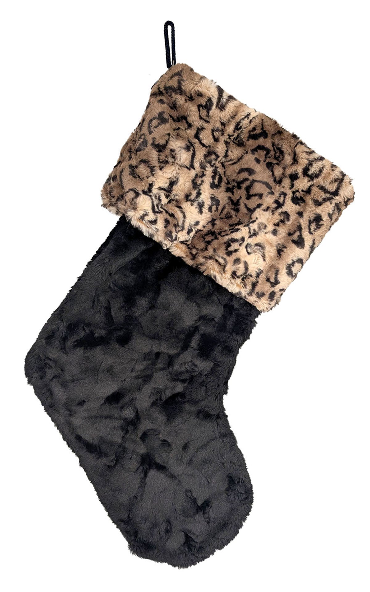 Christmas Stocking | Luxury Faux Fur in Carpathian Lynx and Cuddly Black | Handmade by Pandemonium Millinery Seattle, WA USA