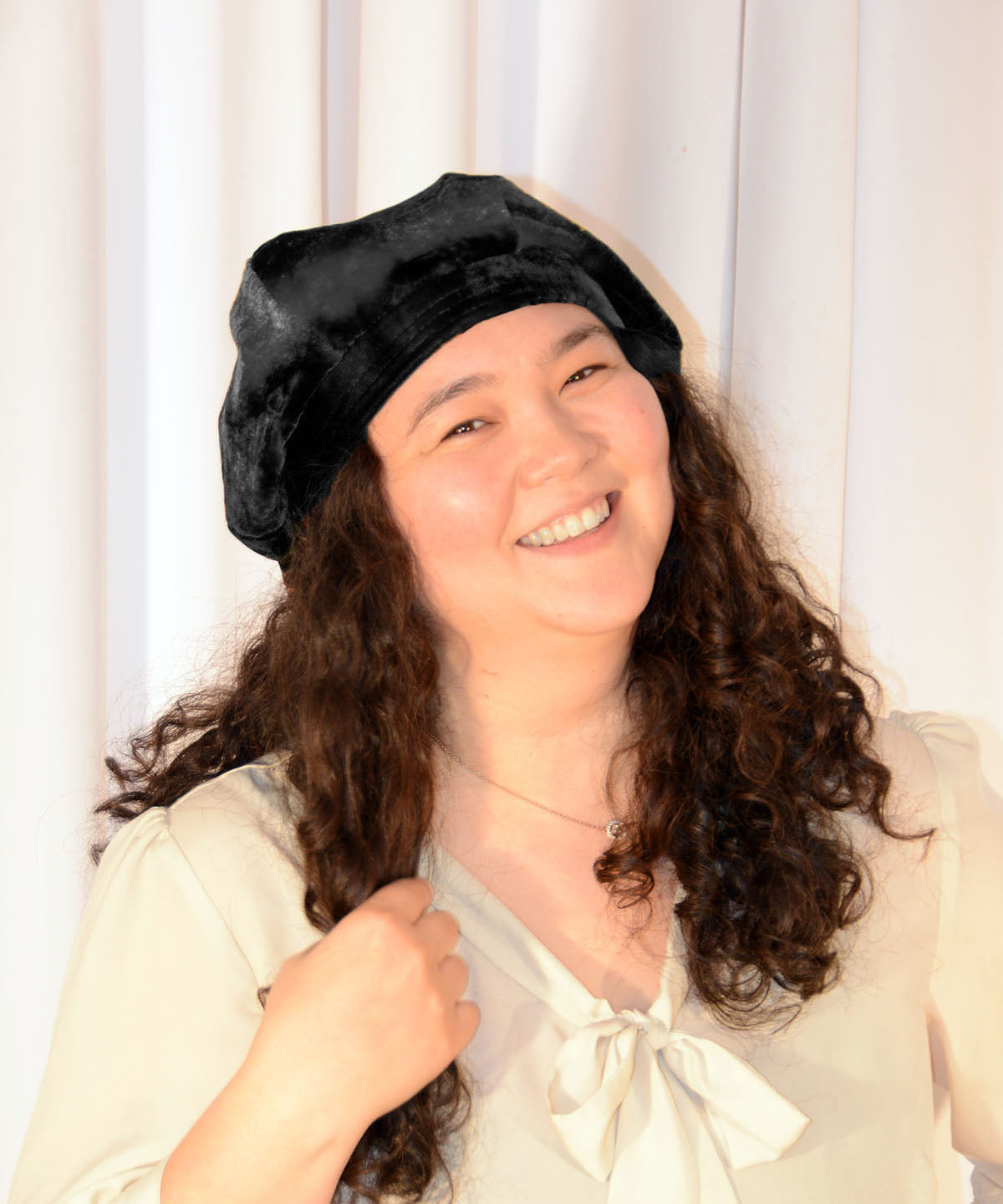 Model playing with hair wearing Oversize Beret Hat in Velvet in Black | Handmade by Pandemonium Millinery | Seattle WA USA