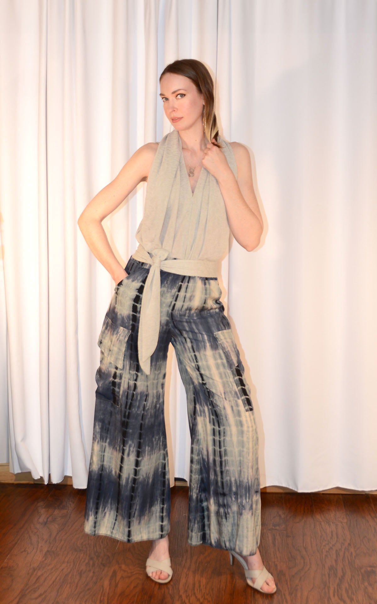 woman wearing cargo pants in blue tea and swallowtail sash top in sandstone desert crepe handmade by LYC x Pandemonium in Seattle, WA, USA