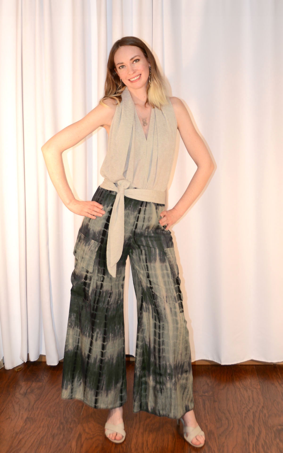 woman wearing cargo pants in sencha green tea and swallowtail sash top in sandstone desert crepe handmade by LYC x Pandemonium in Seattle, WA, USA