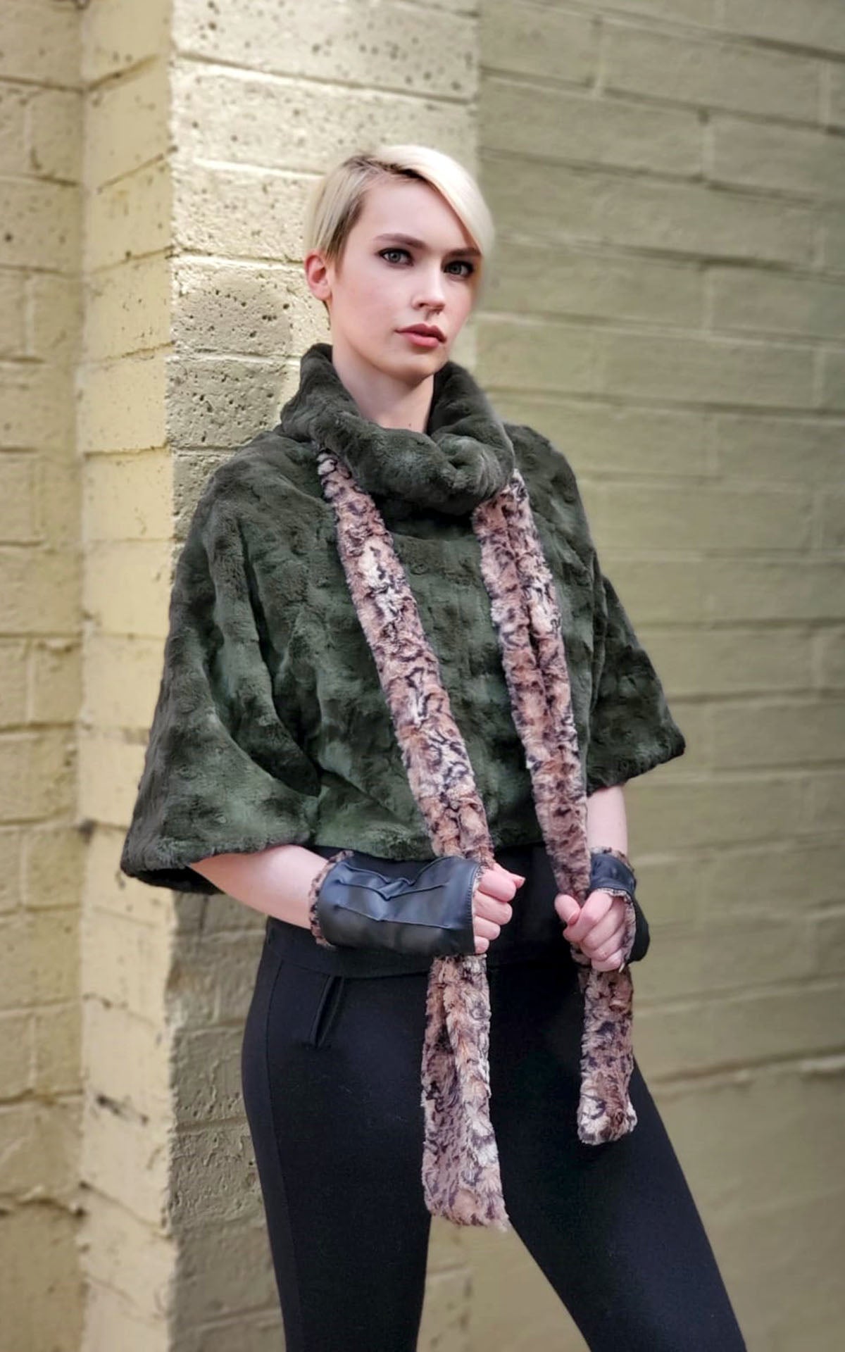 Model Wearing wearing fingerless gloves, sweater top and Classic Skinny Scarf | Carpathian faux fur in brown creams and black | Handmade by Pandemonium Millinery Seattle, WA USA