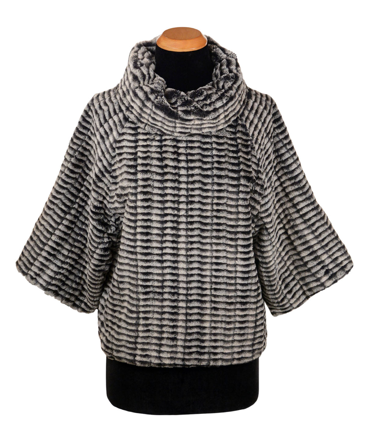 Sweater Top in 8MM in Black and White Faux Fur, with a cowl neck. Extended length by 4". Handmade in Seattle, WA, USA by Pandemonium Seattle.