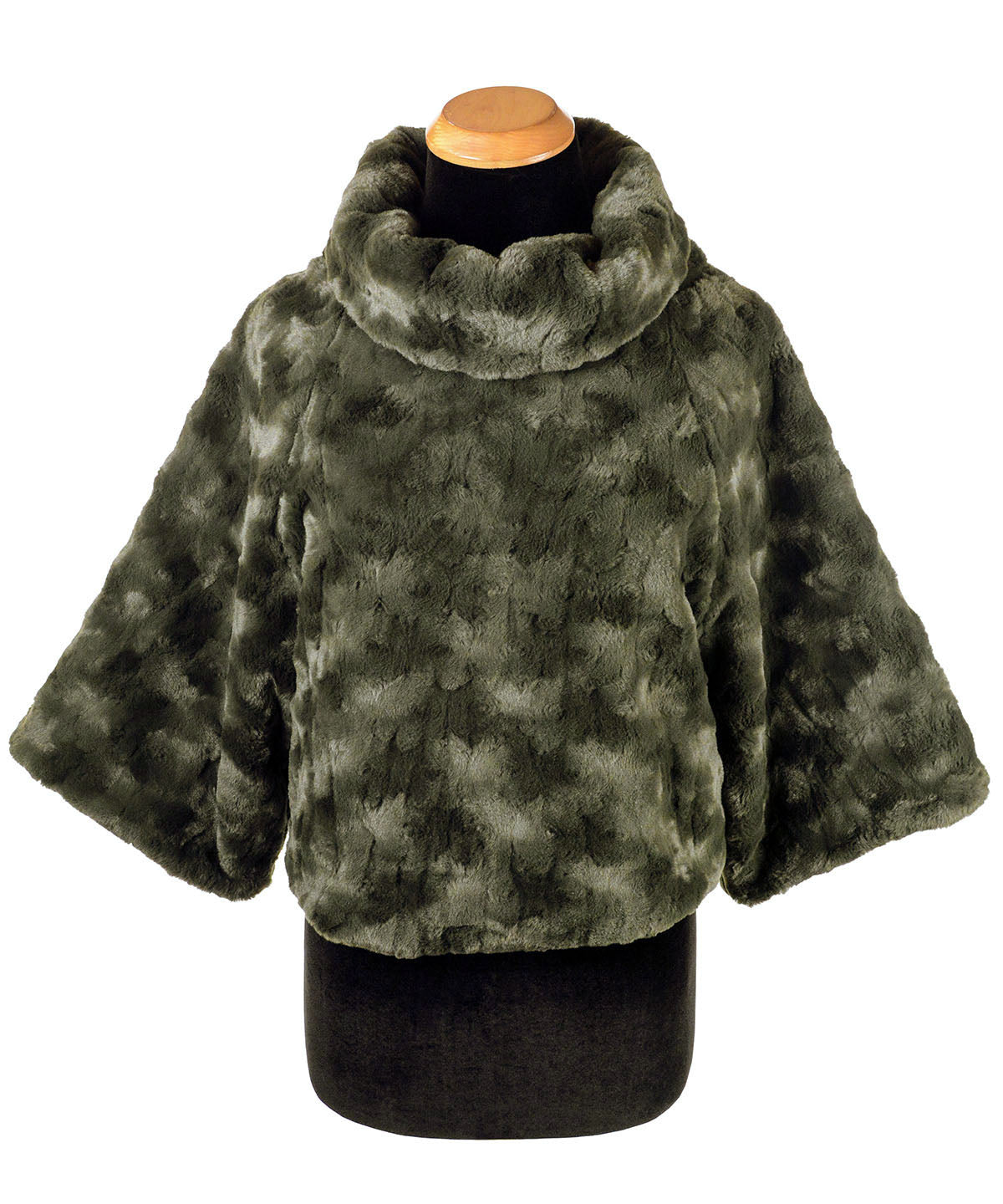 Woman grabbing hair and wearing cropped Sweater Top in Army Green Cuddly Faux Fur | Handmade in Seattle WA | Pandemonium Millinery