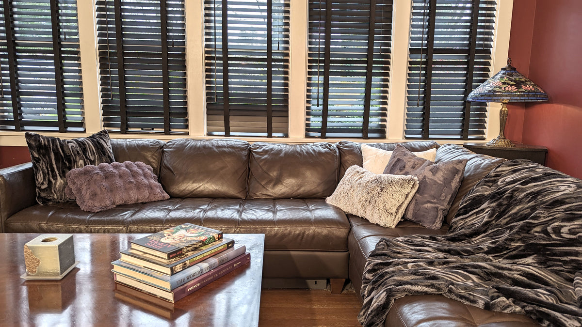 Living room with Pillow Sham in Black Marble Dune Faux Fur handmade in Seattle, WA USA by Pandemonium Millinery