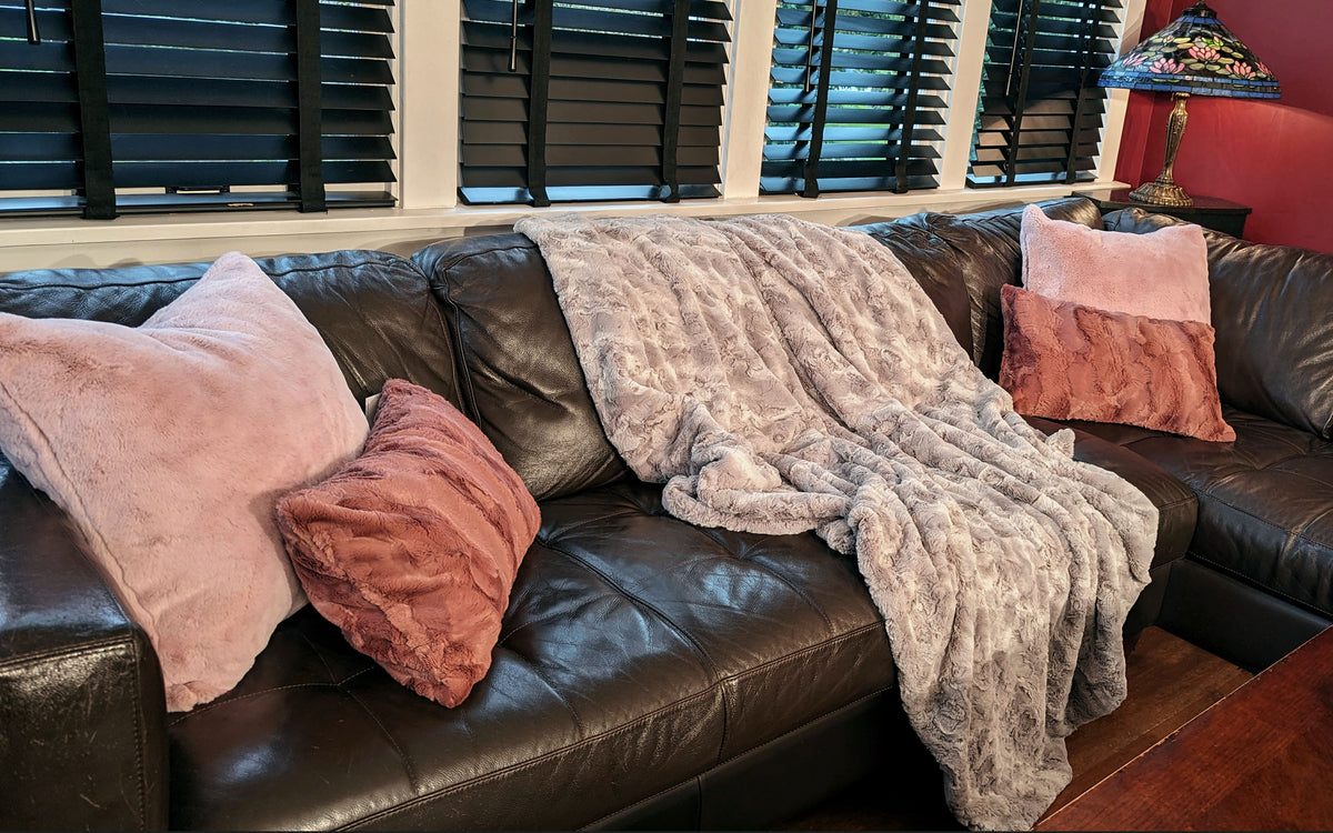 Pillows and Blanket on Couch| Frosted Cedar Faux Fur | Handmade in the USA by Pandemonium Millinery