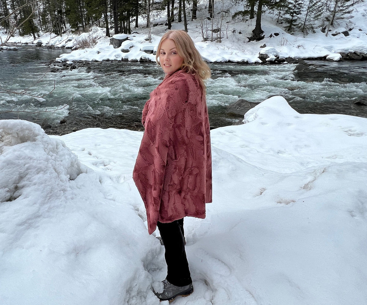 Model is wrapped in Copper River Standard Throw by Pandemonium Seattle.