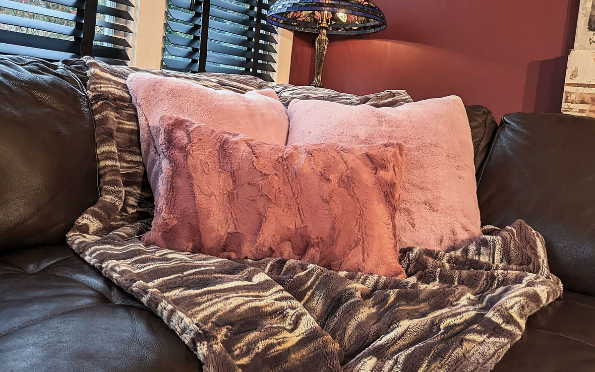 Faux Fur Throw and Pillows on Couch in assorted Faux Furs | By Pandemonium Seattle | Handmade in Seattle, WA USA