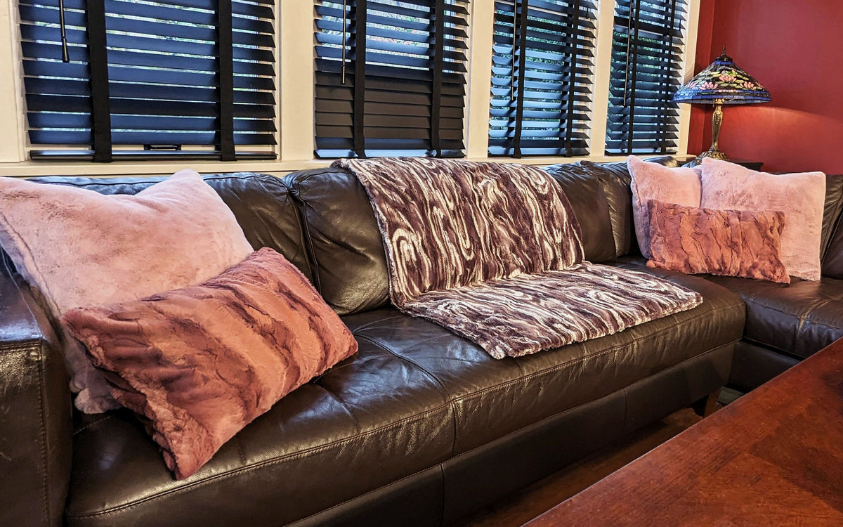 Living room with Throw in Gray Marble Dune Faux Fur handmade in Seattle, WA USA by Pandemonium Millinery