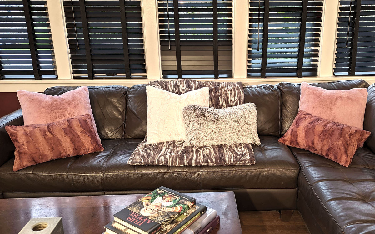 Faux Fur Throw and Pillows on Couch | Show in Marble Dune in  Gray Marble | By Pandemonium Seattle | Handmade in Seattle, WA USA