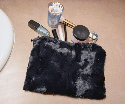 Toiletry Pouch with makeup in Cuddly Black Faux Fur Handmade in Seattle WA USA by Pandemonium Millinery