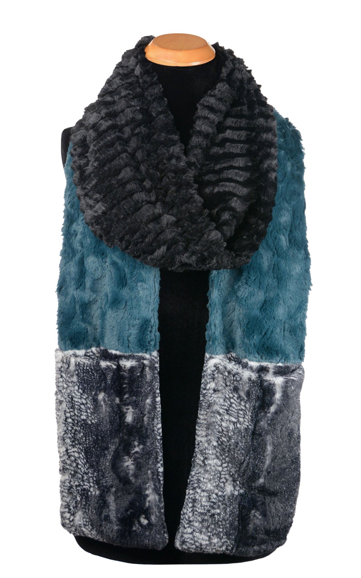 Women’s Product shot of the Color Tri-Color Pocket Scarf on mannequin Desert Sand in Midnight, Peacock Pond and Black Mamba combo of blacks grays and teal Faux Fur | Handmade in Seattle WA Pandemonium Millinery