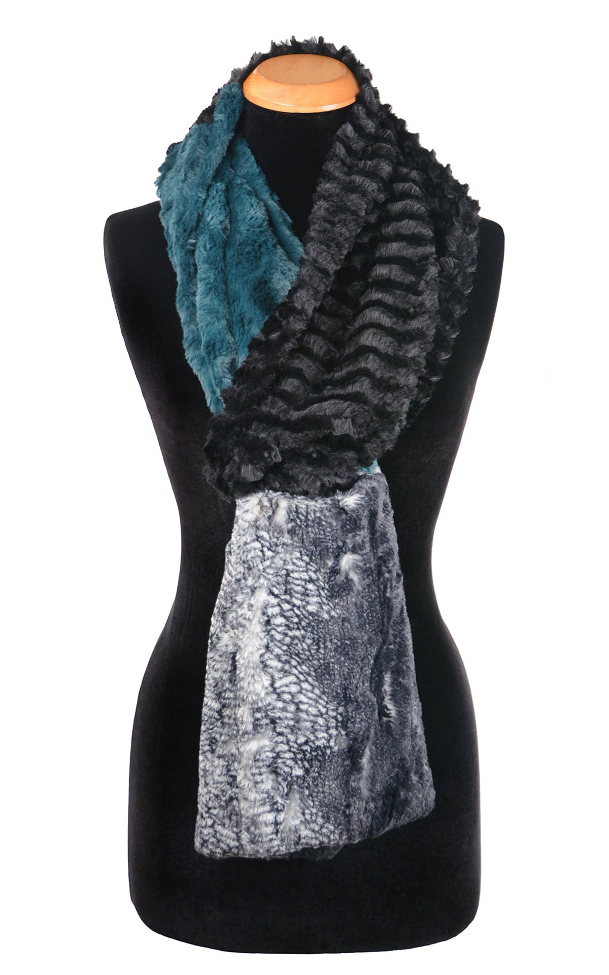 Women’s Product shot of the Color Tri-Color Pocket Scarf on mannequin shown tied Desert Sand in Midnight, Peacock Pond and Black Mamba combo of blacks grays and teal Faux Fur | Handmade in Seattle WA Pandemonium Millinery