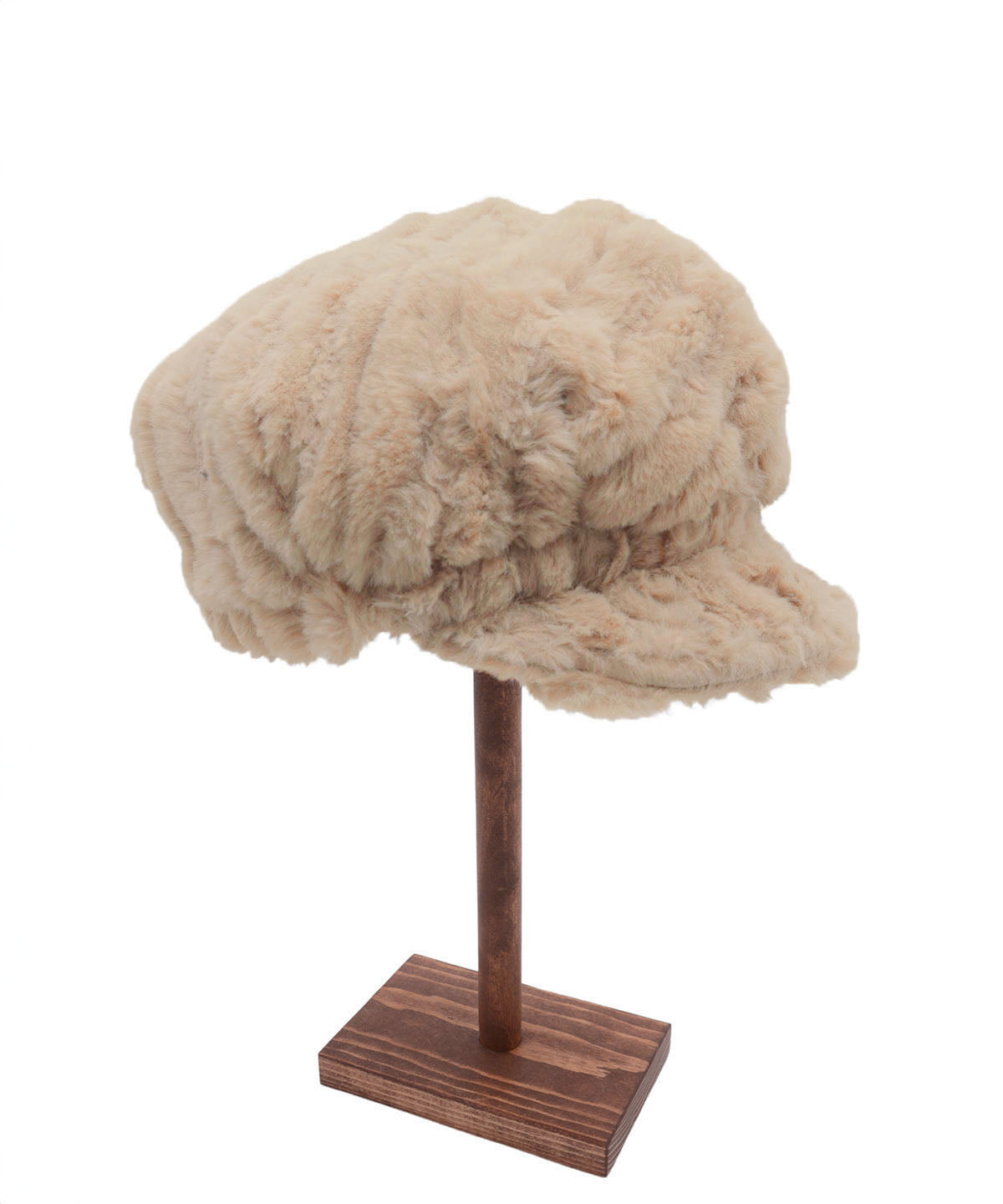 Model wearing Valerie Hat | Cirrus Faux Fur in Blue Mist | Side View | Handmade in Seattle WA USA | By Pandemonium MIllinery