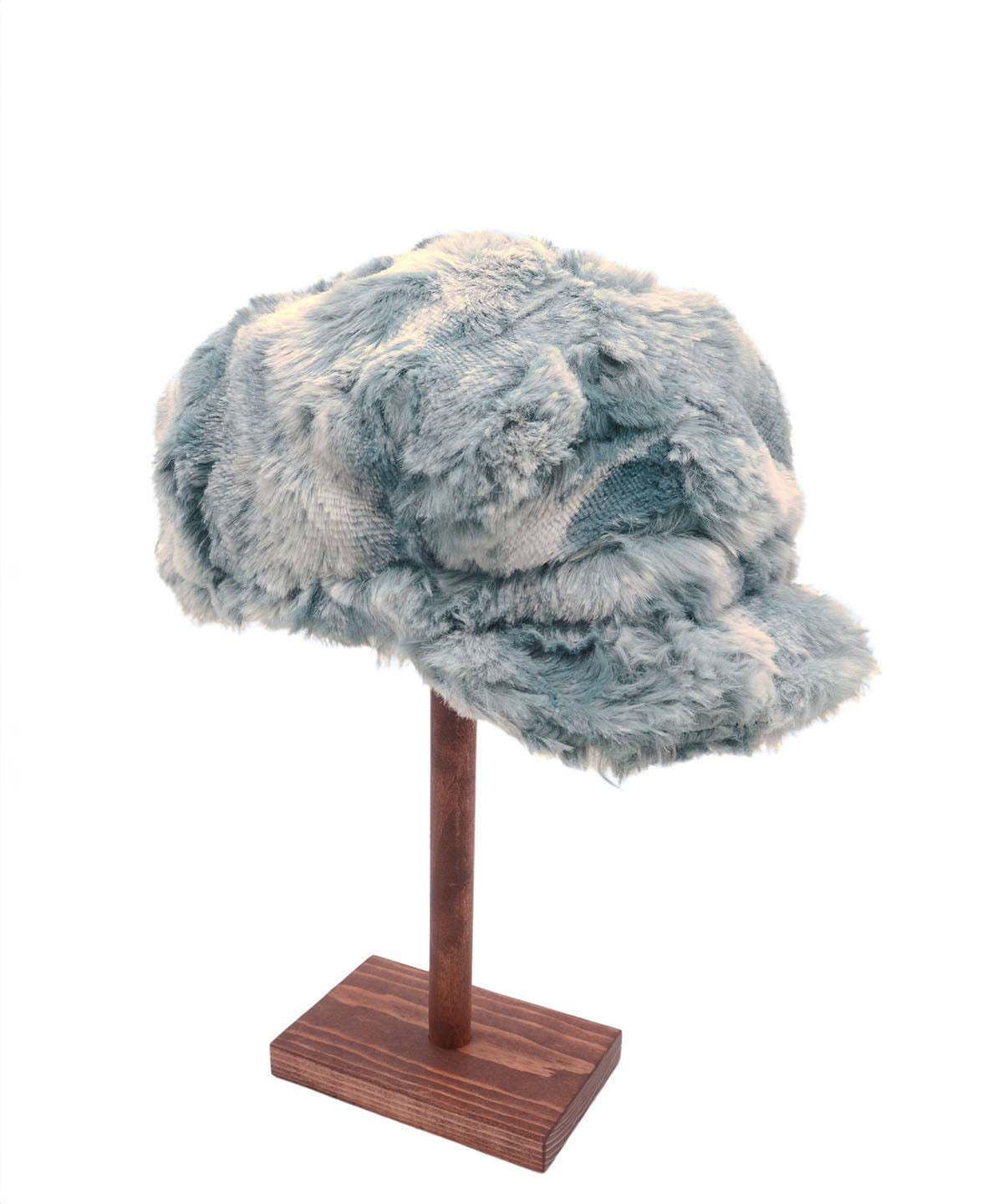 Woman wearing the Valerie Cap in Cloudwalk in Honey faux fur, showing the hat brim. Hand sewn in Seattle, Washington by Pandemonium Seattle.