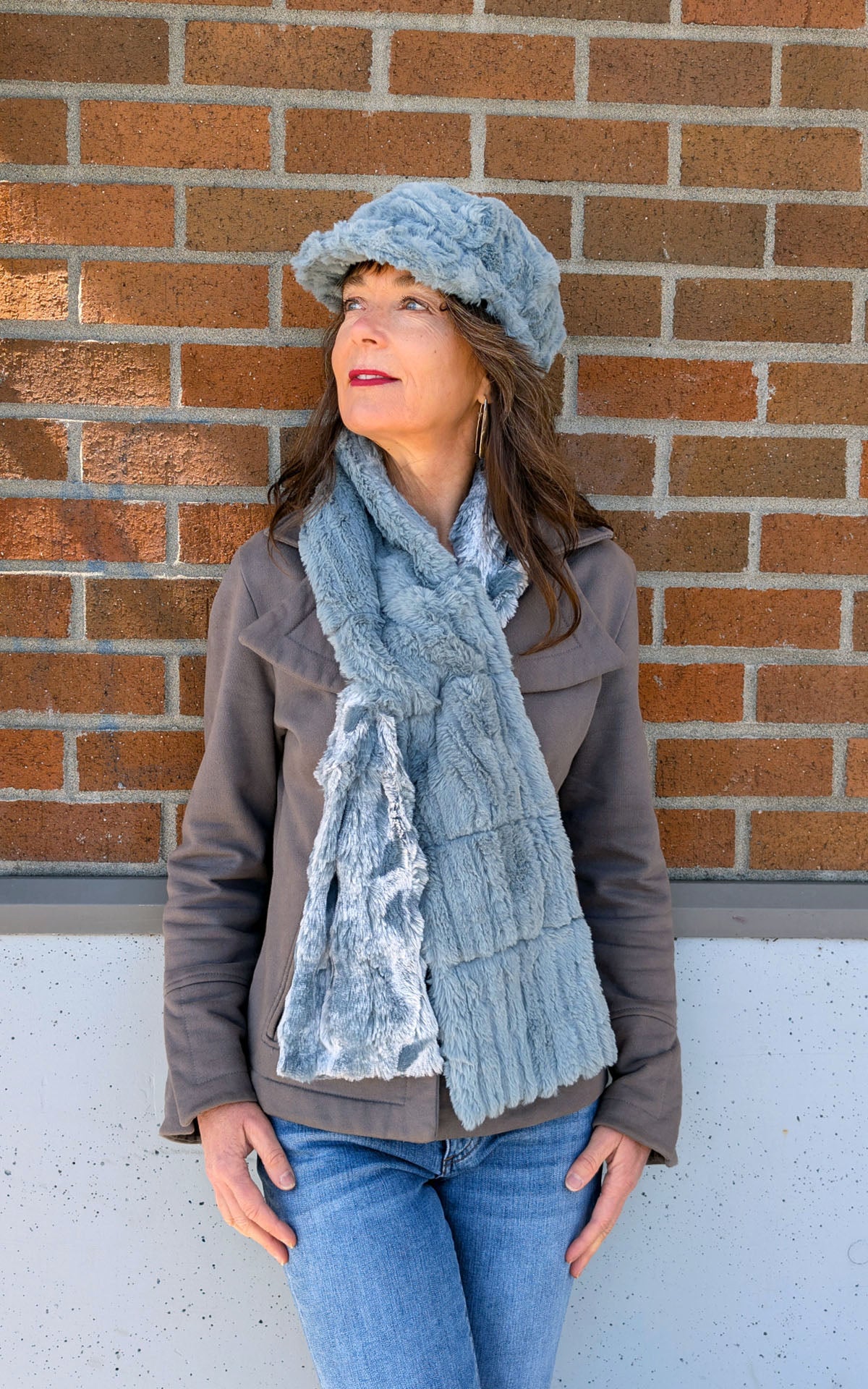 Women wearing Double Pull Thru Scarf | Shown Top Loop Style | Cloudwalk and Cirrus Faux Fur in Blue Mist | Featuring Matching Valerie Style Cap Side view | Handmade in Seattle WA USA | By Pandemonium Seattle 