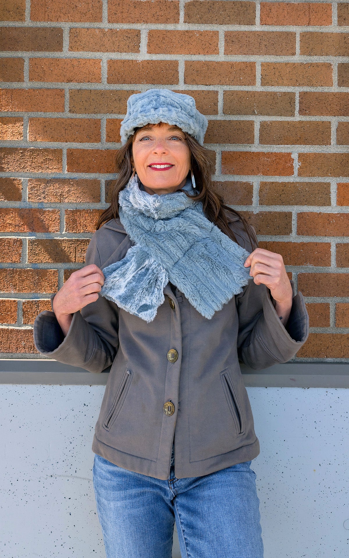 Double Pull Thru Scarf | Shown in the Double Cross Loop Style | Cloudwalk and Cirrus Blue Mist Faux Fur | Handmade in Seattle WA | By Pandemonium Seattle