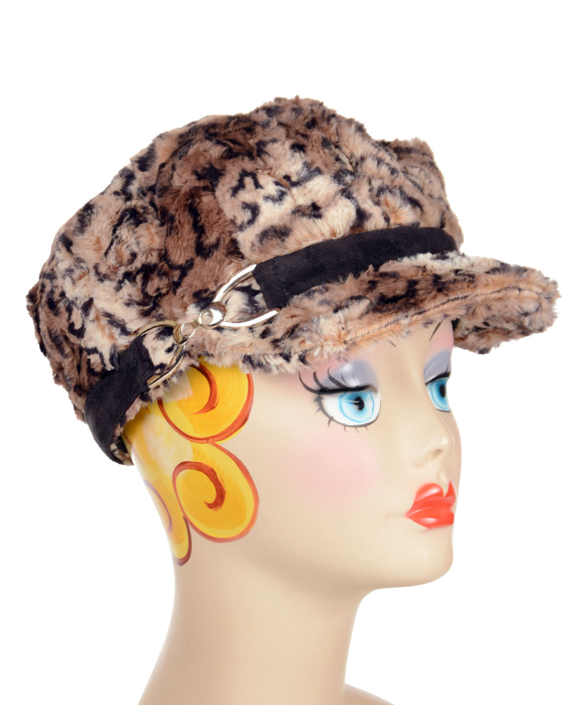 Valerie Cap Style Hat in Carpathian Lynx with Faux Suede Black Band 85 with Nickel Buckle by Pandemonium Millinery. Handmade in Seattle, WA USA.