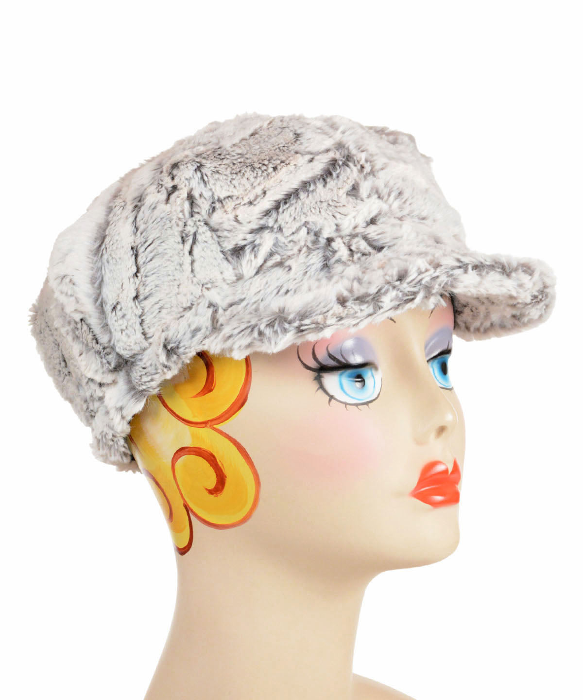 Valerie Cap in Khaki Faux Fur with faux suede band and marbled button Handmade in USA by Pandemonium Millinery