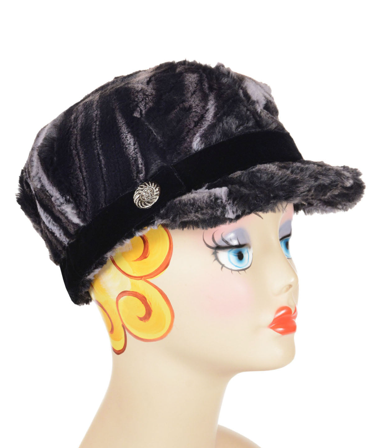 Valerie Cap in Black Marble Dune Faux Fur with a black velvet band and small button detail handmade in Seattle, WA USA by Pandemonium Millinery