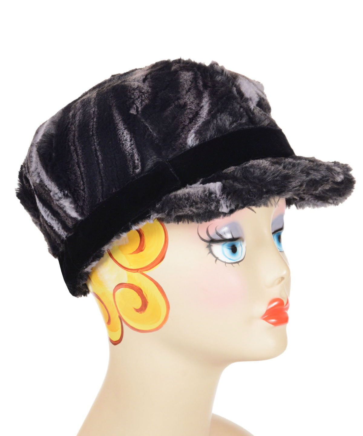 Valerie Cap in Black Marble Dune Faux Fur with a black velvet band handmade in Seattle, WA USA by Pandemonium Millinery