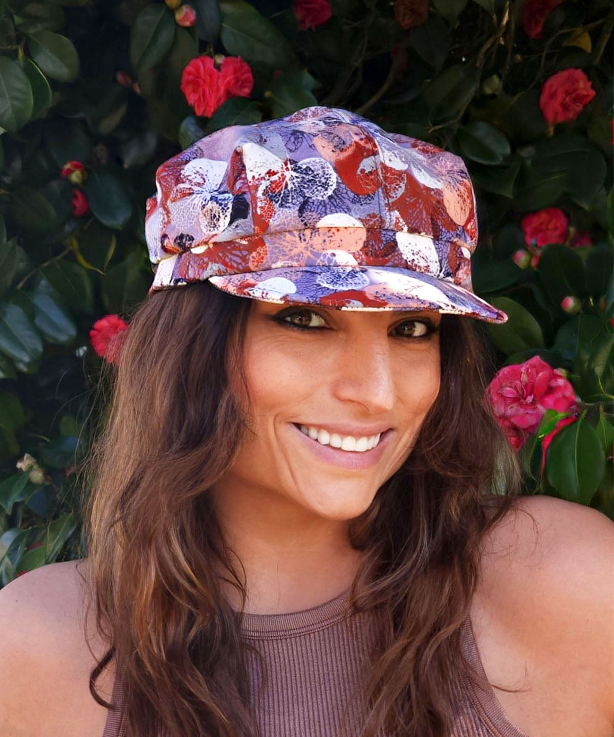 Model wearing Valerie Cap | Paper Flowers in Paprika | Pandemonium Millinery Handmade USA