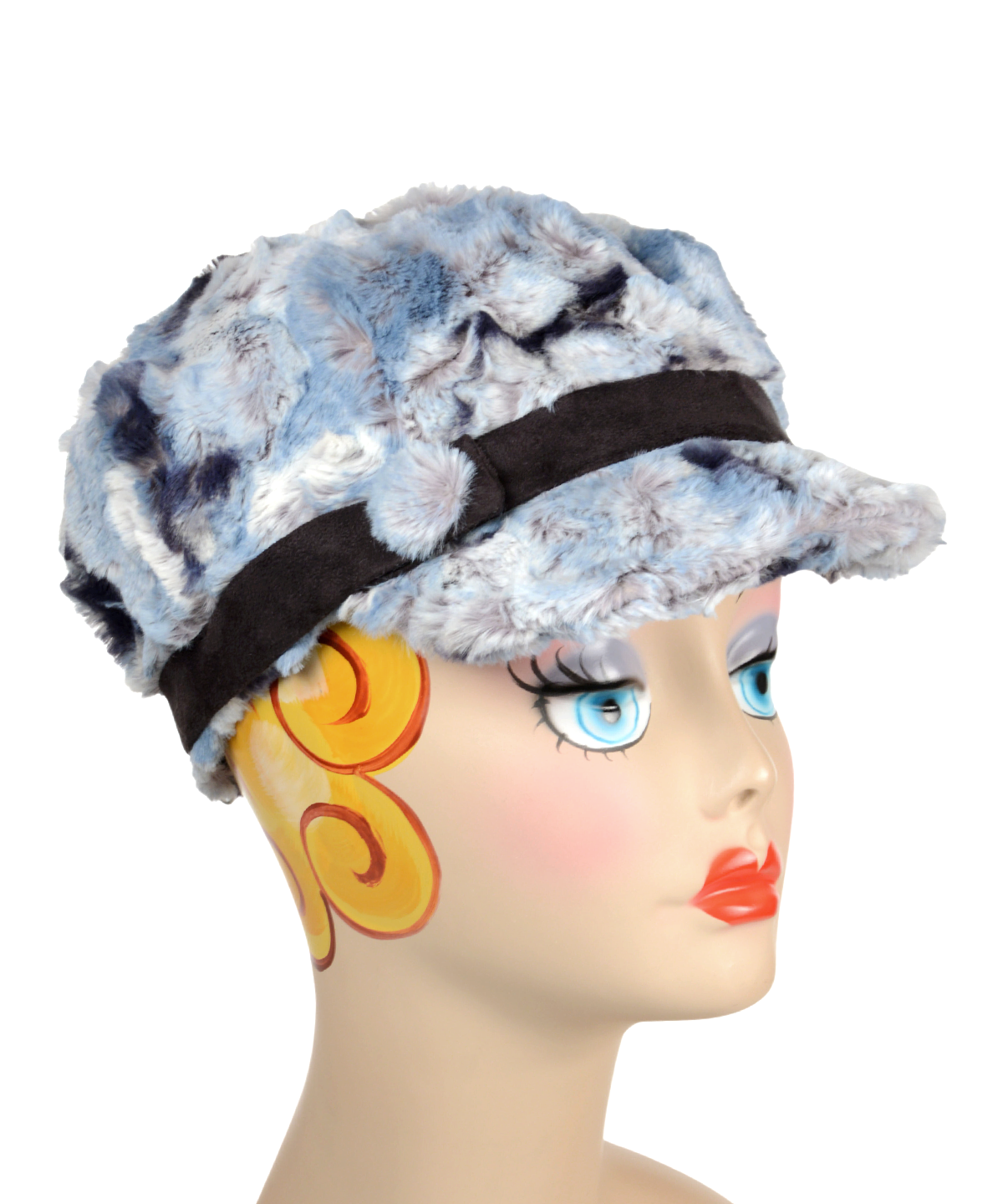 Product shot of Valerie Cap in Rainier Sky with Button and Band by Pandemonium Millinery. Handmade in Seattle, WA USA.