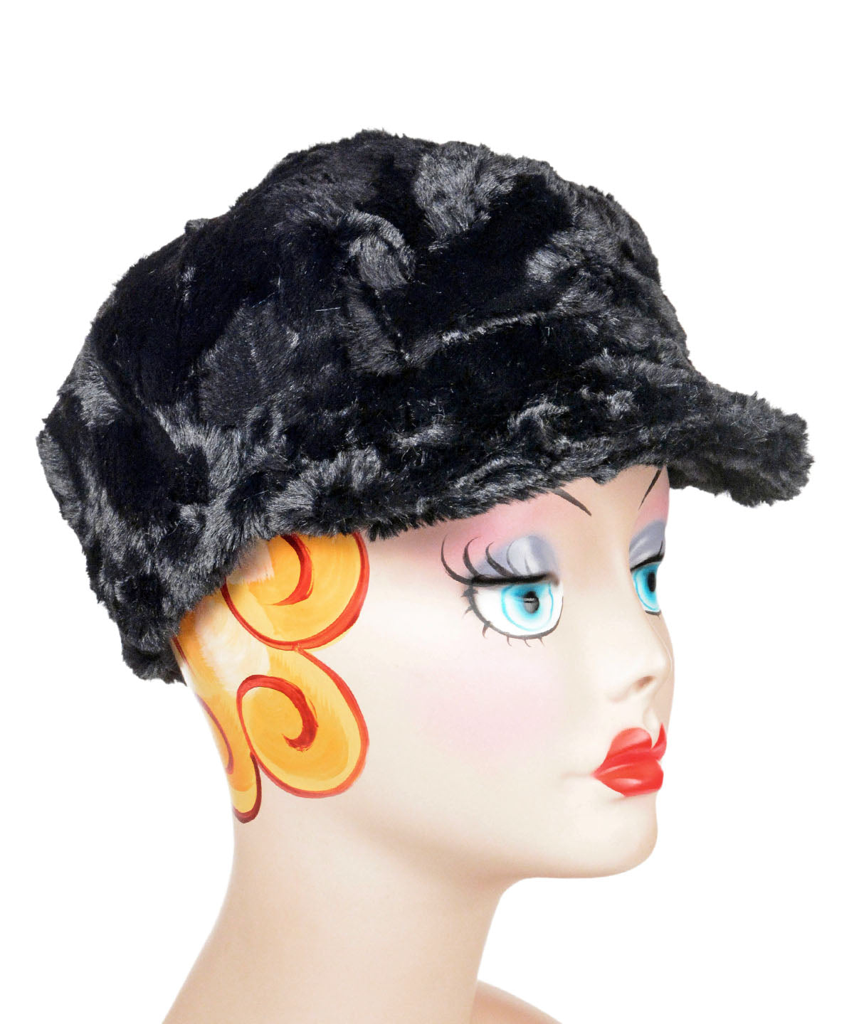 Model is wearing a Valerie Hat Cuddly Faux Fur in Black with Buckle by Pandemonium Millinery. Handmade in Seattle WA USA.