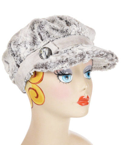 Valerie Cap in Khaki Faux Fur with faux suede band and marbled button Handmade in USA by Pandemonium Millinery