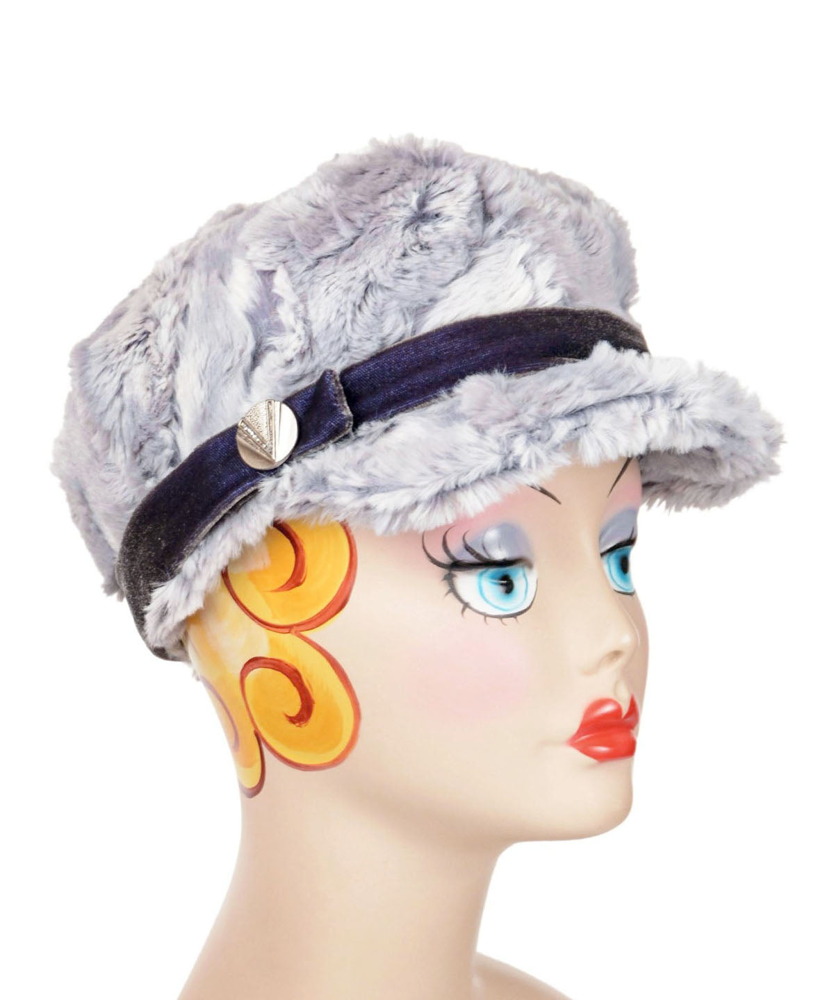 Valerie Cap in Winter River Faux Fur with Velvet band and silver-tone button Handmade in Seattle WA USA by Pandemonium Millinery