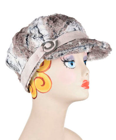 Valerie Cap in Birch Faux Fur with faux suede band and silver spiral detail Handmade in USA by Pandemonium Millinery
