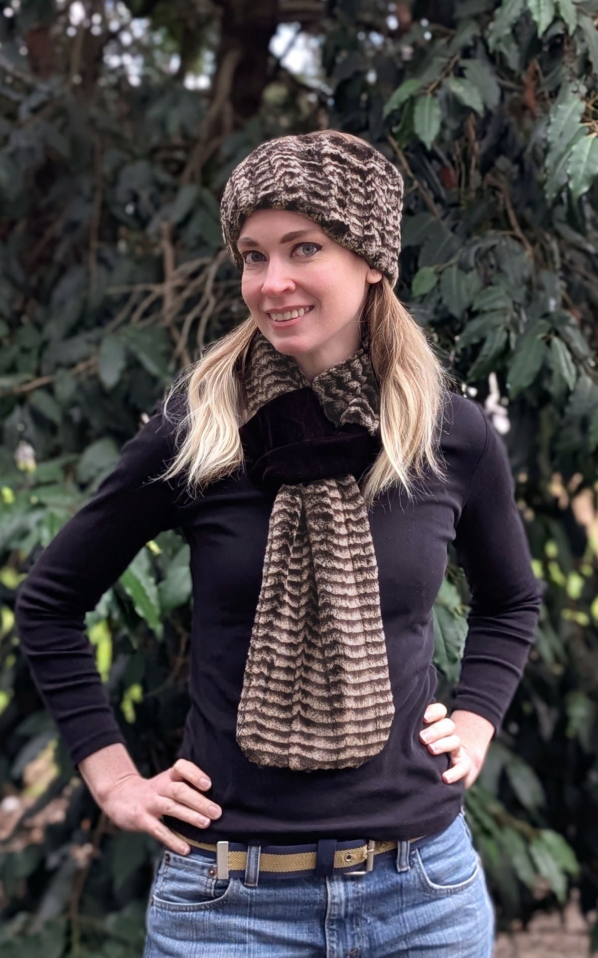 Model wearing Velvet Pull-Thru Scarf In 8mm Sepia with 4" added  Made In Seattle