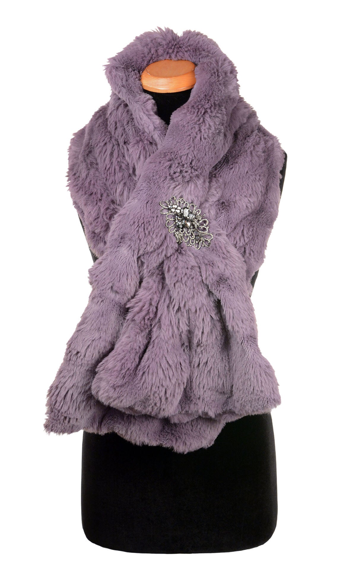 Wide Infinity Scarf in Sugar Plum Enchanted Dreams with rhinestone brooch Faux Fur handmade in Seattle WA by Pandemonium Millinery