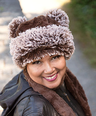 Woman wearing Bear Beanie Hat with ears, in Cuddly Chocolate Faux Fur and Silver Tipped Fox Brown Faux Fur. Handmade by Pandemonium Millinery.