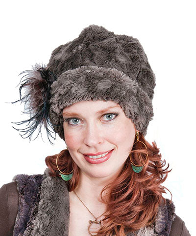 Woman modeling Beanie Hat reversible Cuddly Faux Fur in Gray with Ostrich Feather Trim. Handmade by Pandemonium Millinery in Seattle, WA.